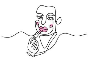 desenho de linha única contínua do rosto de uma mulher triste, usando batom rosa. mulher compõem o tema uma linha isolada no fundo branco. vetor