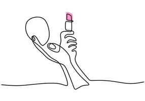 desenho de linha única contínua de mão segurando batom rosa e um pequeno espelho. mulher compõem o tema uma linha isolada no fundo branco. vetor