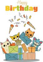 mão desenhado feliz aniversário cartão com engraçado gatos com aniversário boné e letras feliz aniversário. vetor ilustração. isolado em branco fundo. Boa para cartazes, t camisas, cartões postais.