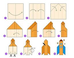 foguete origami esquema tutorial comovente modelo. origami para crianças. degrau de degrau quão para faço origami transporte. vetor ilustração.