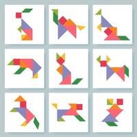 tangram enigma jogos para crianças. colorida geométrico coleção com isolado animais. tangram vários ícones em branco pano de fundo. vetor ilustração