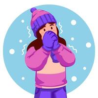 menina vestindo uma inverno chapéu e cachecol sente tremendo a partir de a frio vetor
