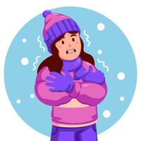 menina vestindo uma inverno chapéu e cachecol sente tremendo a partir de a frio vetor
