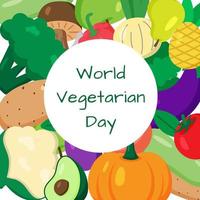 dia mundial vegetariano, cartão comemorativo com tipografia e diferentes frutas e vegetais vetor