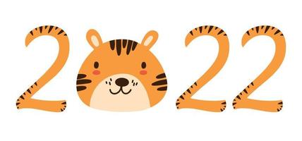 2022 números laranja com listras isoladas em branco. logotipo de Natal bonito ano novo chinês 2022 com rosto de personagem de tigre bebê. símbolo lunar do zodíaco do ano 2022 do tigre. ideia para cartão de calendário infantil vetor