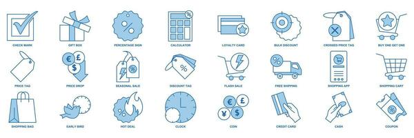 desconto ícone definir, incluído ícones Como preço marcação, cedo pássaro, compras bolsa, crédito cartão e Mais símbolos coleção, logotipo isolado vetor ilustração