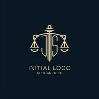 inicial js logotipo com escudo e balanças do justiça, luxo e moderno lei empresa logotipo Projeto vetor