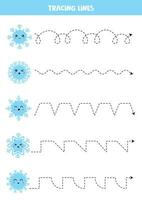 rastreamento linhas para crianças. fofa desenho animado azul flocos de neve. caligrafia prática. vetor