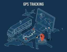 no mundo todo GPS rastreamento conceito com caminhão, mapa GPS navegação, monitor com mapa e ampliação vidro. vetor ilustração eps10