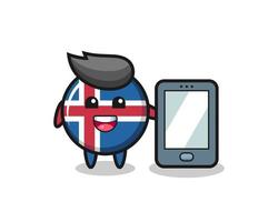 Desenho da ilustração da bandeira da Islândia segurando um smartphone vetor