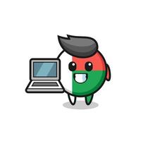 ilustração do mascote do emblema da bandeira de Madagascar com um laptop vetor