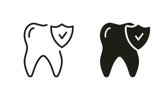 dentes proteção e higiene silhueta e linha ícone definir. dente defesa. dental tratamento Preto símbolo coleção. médico oral Cuidado. dental seguro pictograma. isolado vetor ilustração.