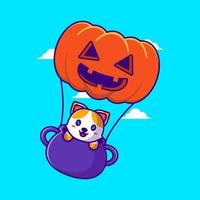 gato bonito voando com ilustração dos desenhos animados de balão de abóbora. conceito de estilo cartoon plana de halloween vetor