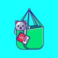 gato bonito na sacola de compras, segurando a ilustração dos desenhos animados de cupom de desconto. conceito de estilo cartoon plana de venda de animais e flash vetor