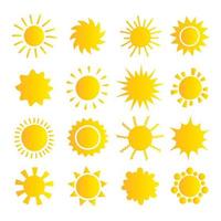 coleção de sol dos desenhos animados. conjunto de ícones de sol amarelo isolado no branco. pictograma de sol, símbolo de verão para design do site, botão da web, aplicativo móvel. vetor