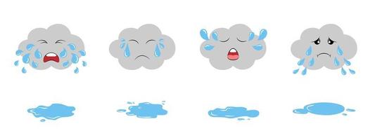 conjunto de nuvens escuras chorando emoji e poças. nuvens fofas de chuva. bonito dos desenhos animados chorando coleção de nuvens do kawaii. vetor