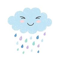 bonito desenho animado feliz kawaii nuvem sobre fundo azul com gotas de chuva. ilustração do vetor da nuvem dos sonhos