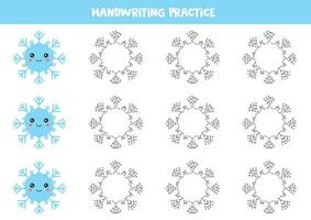 rastreamento linhas para crianças com fofa flocos de neve. escrevendo prática. vetor