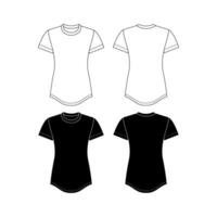 vetor curto manga camiseta moda cafajeste, mulher redondo, quadrado e v pescoço topo técnico desenho, modelo, plano, esboço. jérsei ou tecido tecido 4 peças conjunto camiseta com frente, costas visualizar, branco cor