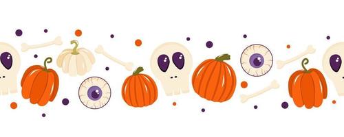 fronteira perfeita para o halloween com doces, abóboras, ossos e um globo ocular. ilustração em vetor de um padrão sem emenda.