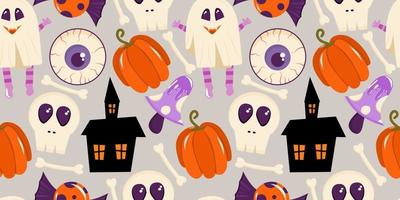 padrão sem emenda com uma caveira, uma casa assustadora, cogumelos e um globo ocular para o halloween. ilustração vetorial. vetor