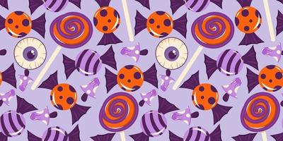 padrão sem emenda com doces, globo ocular e pirulitos para o halloween. doces de laranja-púrpura, um pirulito redondo no palito. ilustração vetorial. vetor