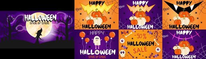 um conjunto de banners para o halloween com a lua, abóboras, aranhas. banners para convites, decoração com doces, teias de aranha. fundos de halloween roxo e laranja. ilustração vetorial no estilo cartoon vetor