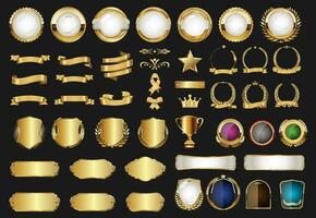 luxo Distintivos e etiquetas com louro guirlanda prata e ouro coleção vetor