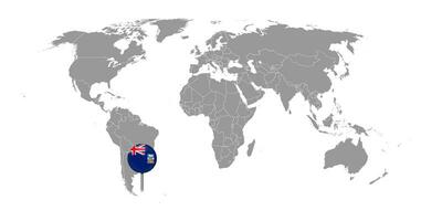 mapa de pinos com bandeira das Ilhas Malvinas no mapa do mundo. ilustração vetorial. vetor