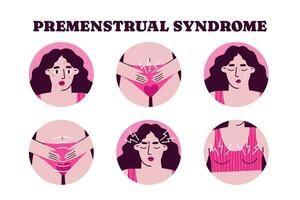 conjunto do 6 pms sintomas. Schumann período problemas ou pré-menstrual síndrome. plano vetor desenho animado moderno ilustração.