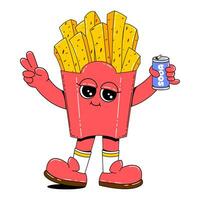 francês fritas personagem dentro retro desenho animado estilo.vetor ilustração do velozes Comida com engraçado face, braços e pernas em isolado branco fundo. vetor