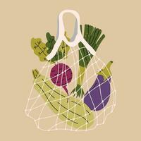 eco amigáveis compras malha bolsas com vários vegetais, vermelho Pimenta e beringela. vários coisas a partir de a local mercado. colori vetor ilustração. desenho animado estilo. zero desperdício, plástico livre conceito