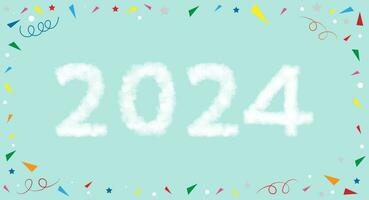 feliz Novo ano 2024 nuvens Projeto com colorida geométrico estilo quadro, Armação fronteira em azul céu plano de fundo, vetor texto Projeto para poster, banner, saudação, natal, novo ano celebração, natal festa convite