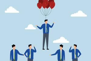 inovação habilidade para diferente a partir de outros, homem de negocios vôo acima de outros competidores dentro balão terno e recrutamento candidatos. vetor