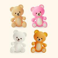 3d diferente cor fofa Urso de pelúcia Urso brinquedo conjunto desenho animado estilo. vetor