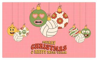 voleibol alegre Natal e feliz Novo ano groovy Esportes cumprimento cartão. suspensão bola Como uma groovy Natal bola em vibrante fundo. vetor ilustração.