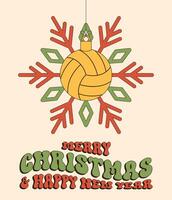 voleibol alegre Natal e feliz Novo ano groovy Esportes cumprimento cartão. suspensão bola Como uma groovy Natal bola em vibrante fundo. vetor ilustração.