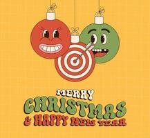 alvo alegre Natal e feliz Novo ano groovy Esportes cumprimento cartão. suspensão bola Como uma groovy Natal bola em vibrante fundo. vetor ilustração.