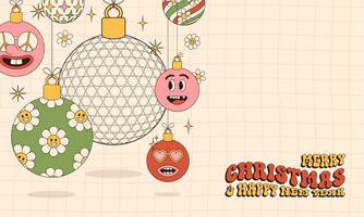 golfe alegre Natal e feliz Novo ano groovy Esportes cumprimento cartão. suspensão bola Como uma groovy Natal bola em vibrante fundo. vetor ilustração.