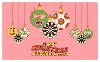 dardo alegre Natal e feliz Novo ano groovy Esportes cumprimento cartão. suspensão bola Como uma groovy Natal bola em vibrante fundo. vetor ilustração.