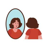 menina com curto cabelo choque com acne em a espelho vendo face ilustração vetor
