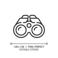 2d pixel perfeito Preto binóculos ícone, isolado vetor, editável caminhada engrenagem fino linha ilustração. vetor
