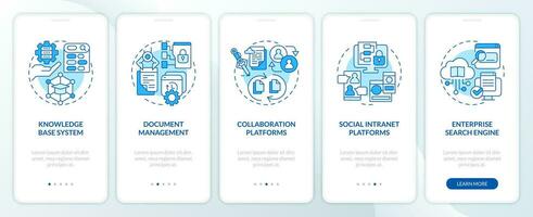 2d azul fino linha ícones representando conhecimento gestão Móvel aplicativo tela definir. 5 passos gráfico instruções, interface do usuário, ux, gui modelo. vetor