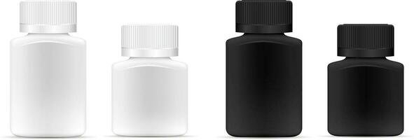 pílulas jar. diferente largura branco e Preto médico recipiente para drogas, dieta, nutricional suplementos. vetor ilustração do quadrado garrafa isolado em branco fundo.