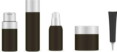 Preto Cosmético garrafas definir. creme jarra, xampu recipiente, espuma distribuidor, base tubo. vetor zombar acima ilustração. eps10