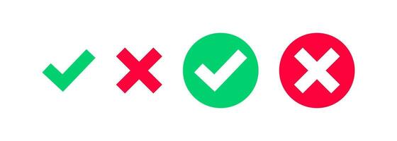 verde Verifica marca e vermelho Cruz ícone. vetor ilustração Projeto.