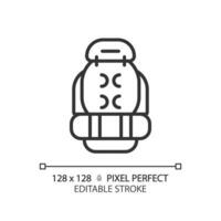 2d pixel perfeito Preto mochila ícone, isolado vetor, editável caminhada engrenagem fino linha ilustração. vetor