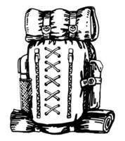 caminhada mochila clipart. verão lazer Atividades equipamento rabisco isolado em branco. mão desenhado vetor ilustração dentro gravação estilo.