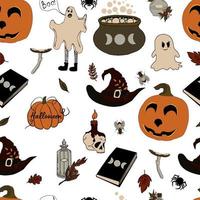 vetor sem costura padrão halloween eps. poção de doodle e símbolos wiccan, abóbora e caveira, cogumelos e folhas de outono