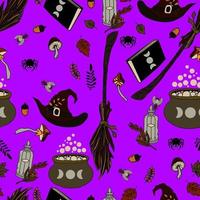 vetor sem costura padrão halloween eps. poções de doodle e símbolos wiccanos, cogumelos e folhas de outono